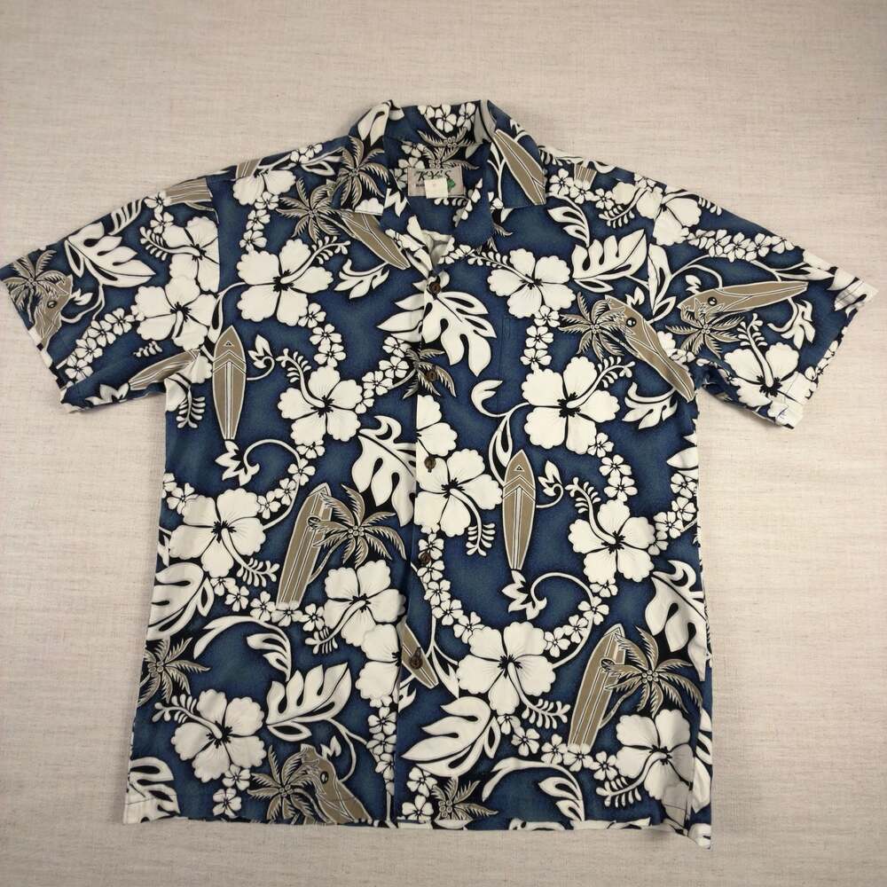 KY'S Made in Hawaii Men's Size M Blue Floral Surfboard Print Short Sleeve Shirt